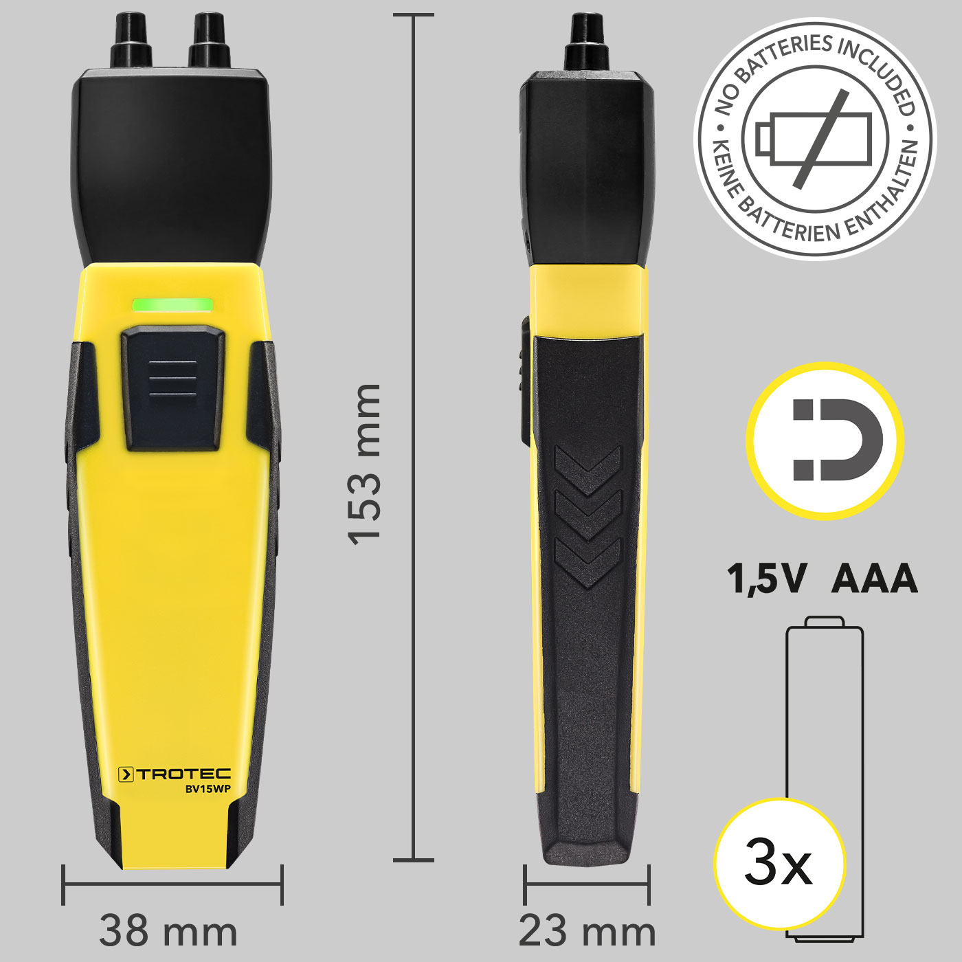 BV15WP - Mått, batteri(er) och magnetisk hållare